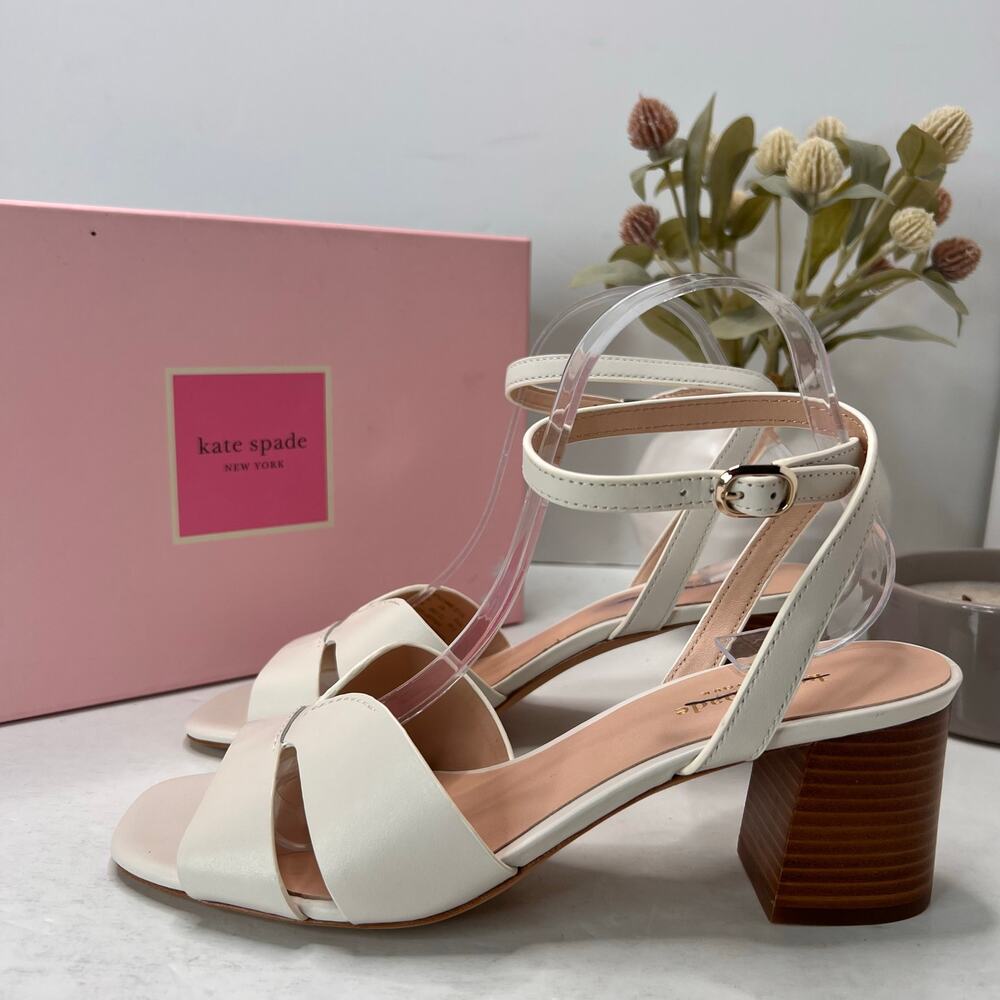 Kate Spade Etta-Par Leather Chunky Block Heel Pumps Parchment Women's 9B